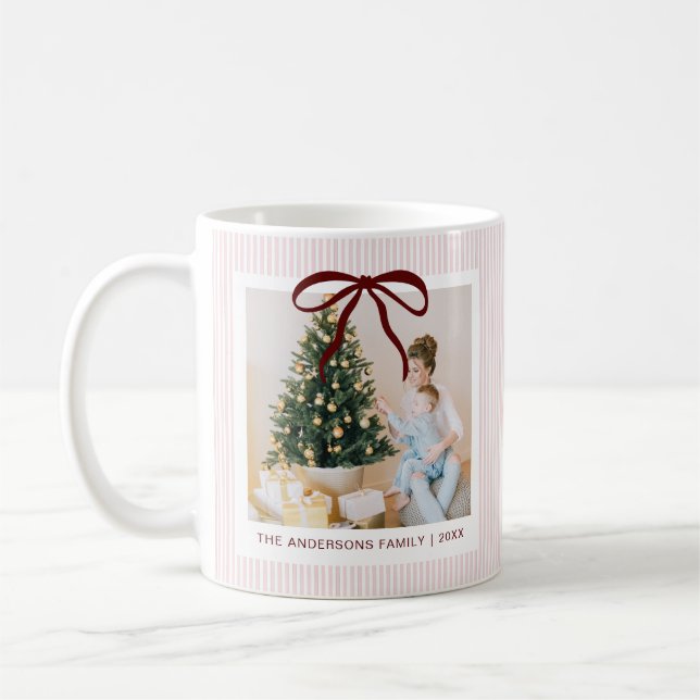 Caneca De Café Clássico Natal Listras Rosa Laço Vermelho (Esquerda)