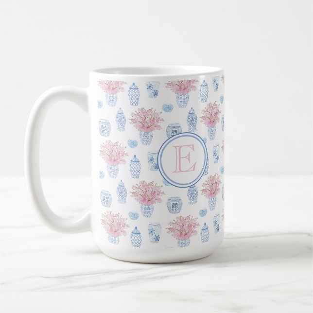 Caneca De Café Clássico, Rosa E Monograma Azul De Jar Ginger (Esquerda)
