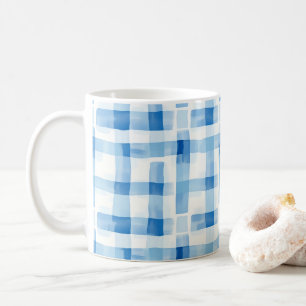 Caneca De Café Clássico Xadrez Azul e Branco Gingham