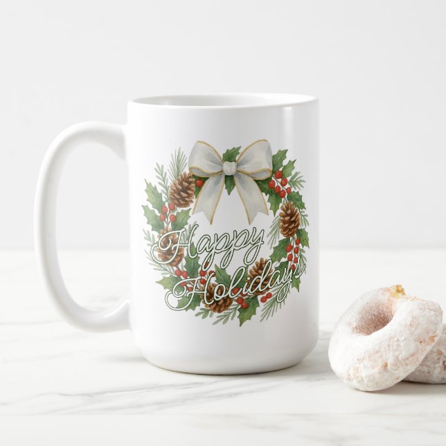 Caneca De Café Classy December Wreath With White Bow Holiday (Com Donut)