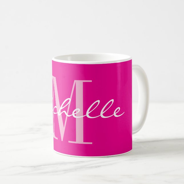 Caneca De Café Classy neon pink name monogram coffee mug (Frente Esquerda)
