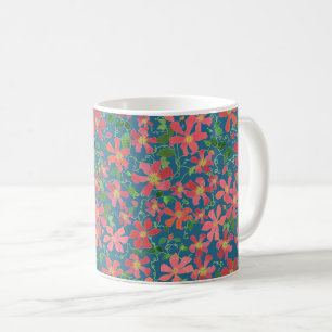 Caneca De Café Clematis Pink, Red, Orange Floral em Azul Profundo