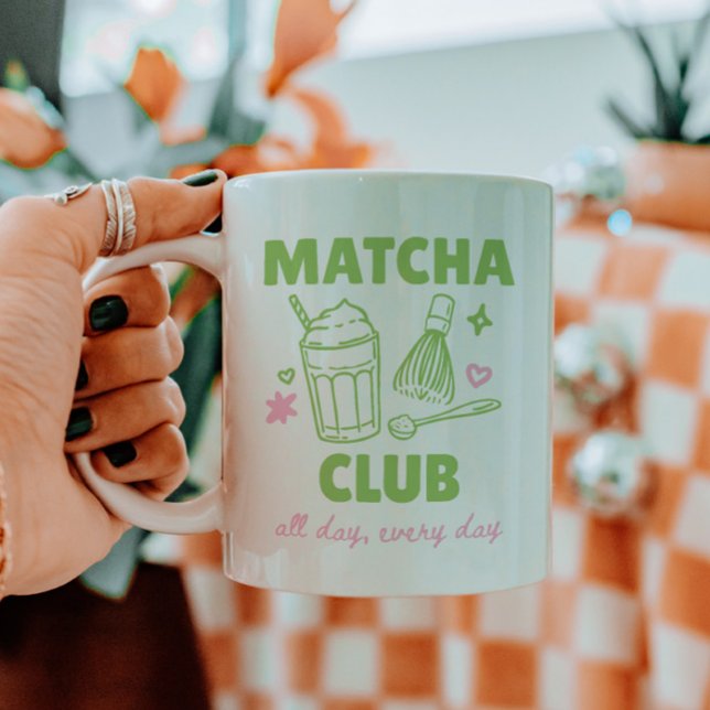 Caneca De Café Clube Matcha Verde e Rosa Doodles Verão (Criador carregado)