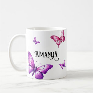 Caneca De Café Cluster com borboleta rosa e roxa com nome