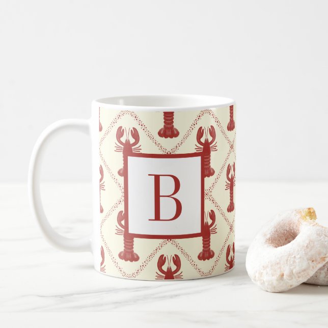 Caneca De Café Coastal Lobster Red Cream Diamond Initial Monogram (Com Donut)
