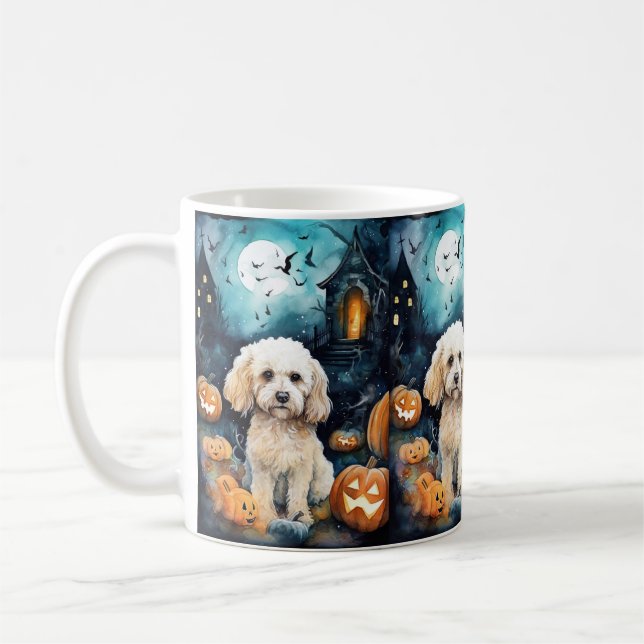 Caneca De Café Cockapoo De Halloween Com Pumpkins Assustado (Esquerda)