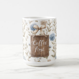 Caneca De Café Cocoa Marrom Creme Flores Azuis Café Primeiro  