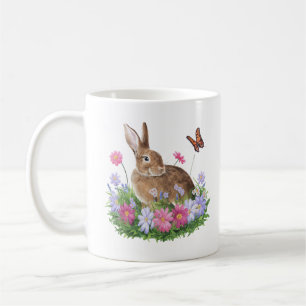 Caneca De Café Coelhinho com Borboleta e Campo de Flores