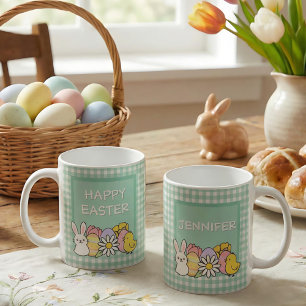 Caneca De Café Coelhinho de Páscoa Feliz Ovos Xadrez Verde