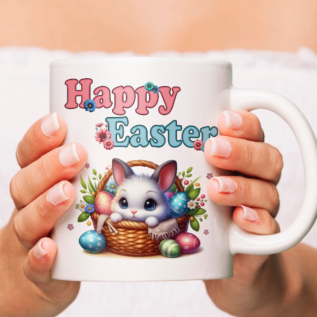Caneca De Café Coelhinho de Páscoa giro em cesto com ovos e flore (Cute Easter Bunny in Basket with Eggs and Flowers. Coffee Mug)