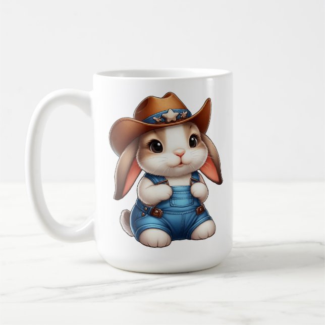 Caneca De Café Coelhinho de vaqueiro com chapéu e macacões (Esquerda)