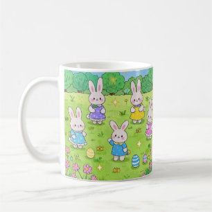 Caneca De Café Coelhinhos da Páscoa escondendo ovos em um jardim