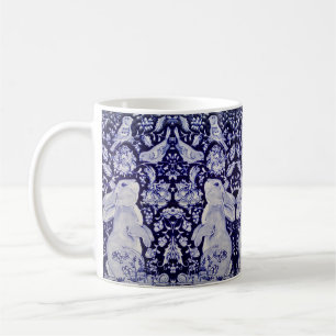 Caneca De Café Coelho Azul e Branco Páscoa Floral de Pássaro