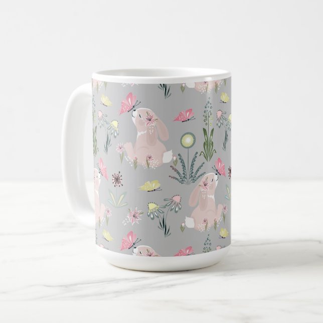 Caneca De Café coelho bonito com flores e borboletas (Frente Esquerda)