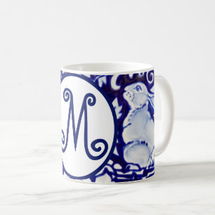 Caneca De Café Coelho Branco Azul Monograma Floral Monograma Eleg