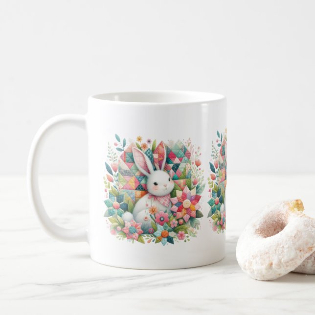 Caneca De Café Coelho com Colcha e Flores (Com Donut)