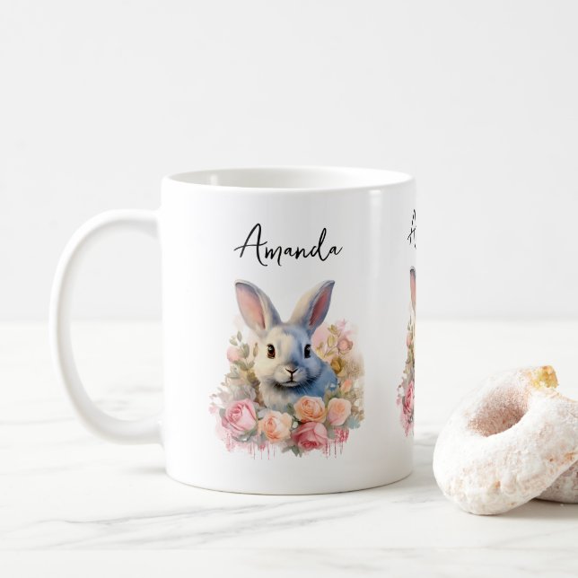 Caneca De Café Coelho com uma Guirlanda de Rosas Fofo (Com Donut)