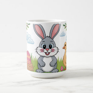 Caneca De Café Coelho da Páscoa e Patinho em Prado de Primavera