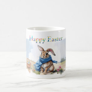 Caneca De Café Coelho da Páscoa vintage com cachecol azul Feliz P