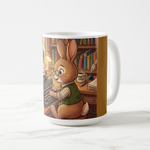 Caneca De Café Coelho de desenho animado digitando em uma máquina