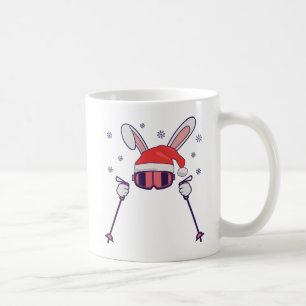 Caneca De Café Coelho de Natal Esquiando com Chapéu de Natal e ba