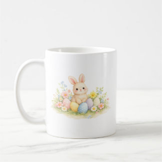 Caneca De Café Coelho de Páscoa em aquarela com ovos pastéis e Pr