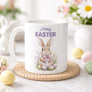 Caneca De Café Coelho de Páscoa em Aquarela Floral Roxo Feliz Pás