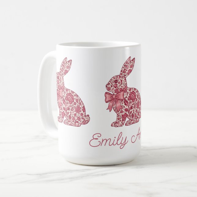 Caneca De Café Coelho de Páscoa em Chinoiserie Rosa e Creme (Frente Esquerda)