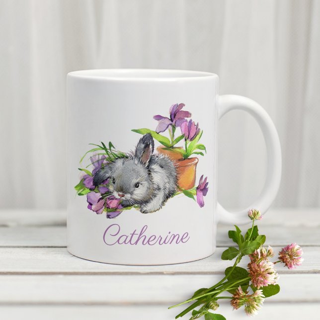 Caneca De Café Coelho de Páscoa Floral de Aquarela Personalizado (Criador carregado)