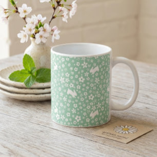 Caneca De Café Coelho Floral Verde Menta da Primavera