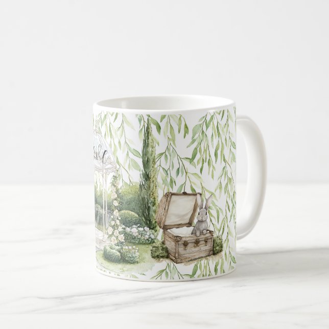 Caneca De Café Coelho no Peito Folhas Verdes Floral (Frente Esquerda)