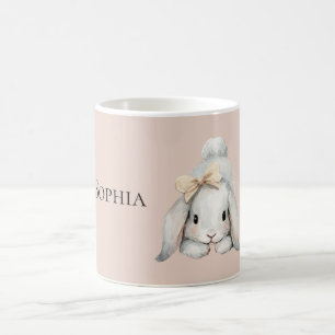 Caneca De Café Coelho Rosa Branco Pêssego Laço