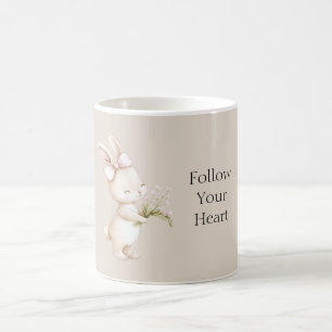 Caneca De Café Coelho Seguindo o Coração Laço Rosa