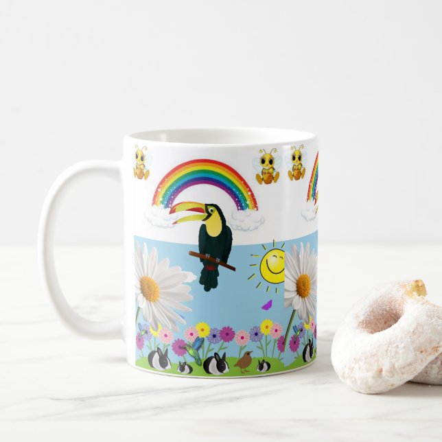 Caneca De Café Coelhos Arco-Íris-Papagaio-Papagaio (Com Donut)