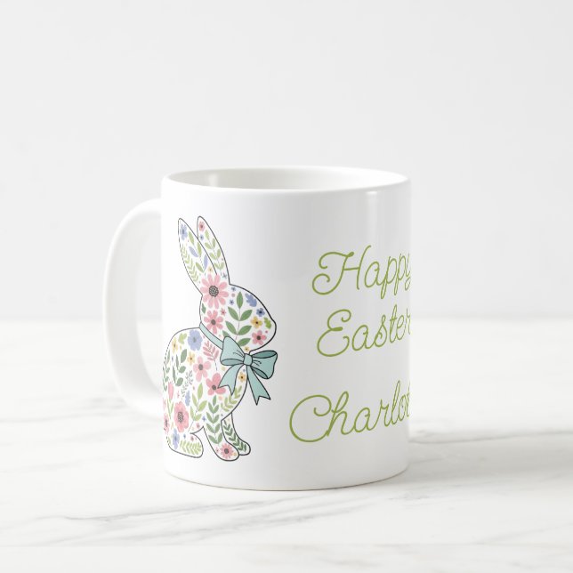 Caneca De Café Coelhos de Páscoa de Flores Silvestres Rosa e Azul (Frente Esquerda)
