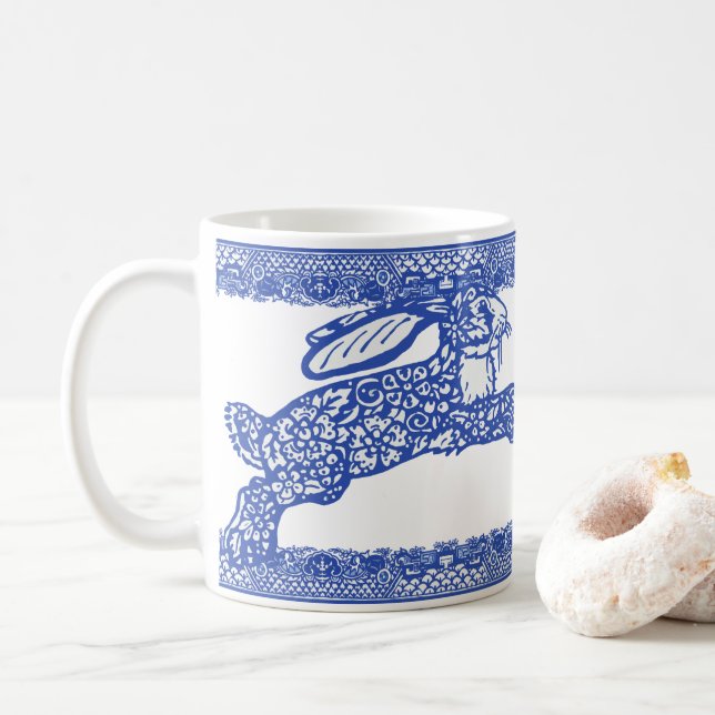 Caneca De Café Coelhos Selvagens Azuis Coelhos Florais (Com Donut)