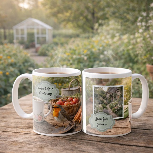 Caneca De Café Coffee before gardening robin morning garden photo (Coffee before gardening robin morning garden photo mug. You can add your own photo, name and text.)