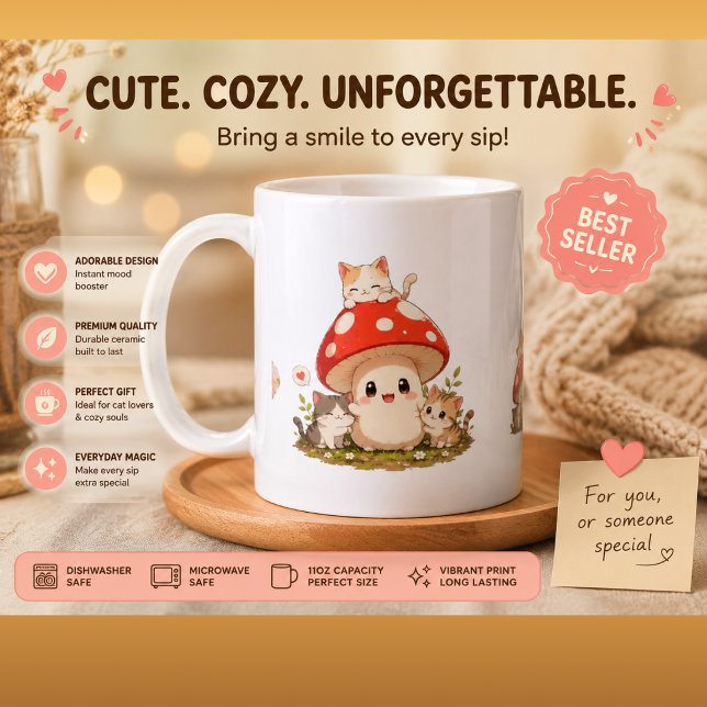 Caneca de Café Cogumelo Fofo & Gatinhos – Cota Cap (Criador carregado)
