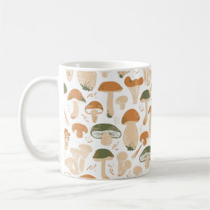 Caneca De Café Cogumelos comestíveis, padrão uniforme. Linocut ve
