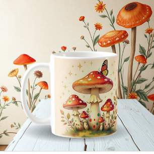 Caneca De Café Cogumelos e Borboleta Retro Cores Vintage