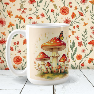 Caneca De Café Cogumelos e Borboleta Retro Cores Vintage
