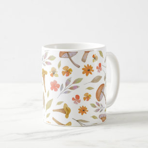 Caneca De Café Cogumelos e flores aquarelas