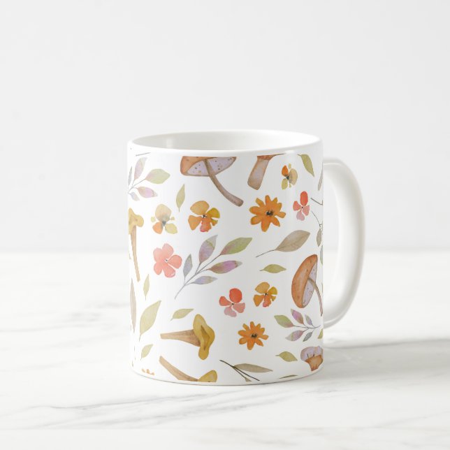 Caneca De Café Cogumelos e flores aquarelas (Frente Esquerda)