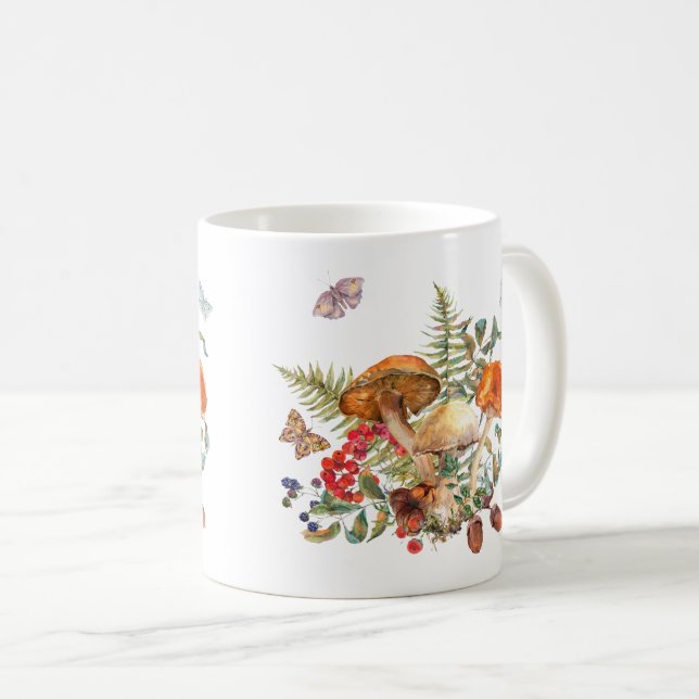 Caneca De Café Cogumelos Florestais Selvagens, Berries, Bolotas (Frente Esquerda)