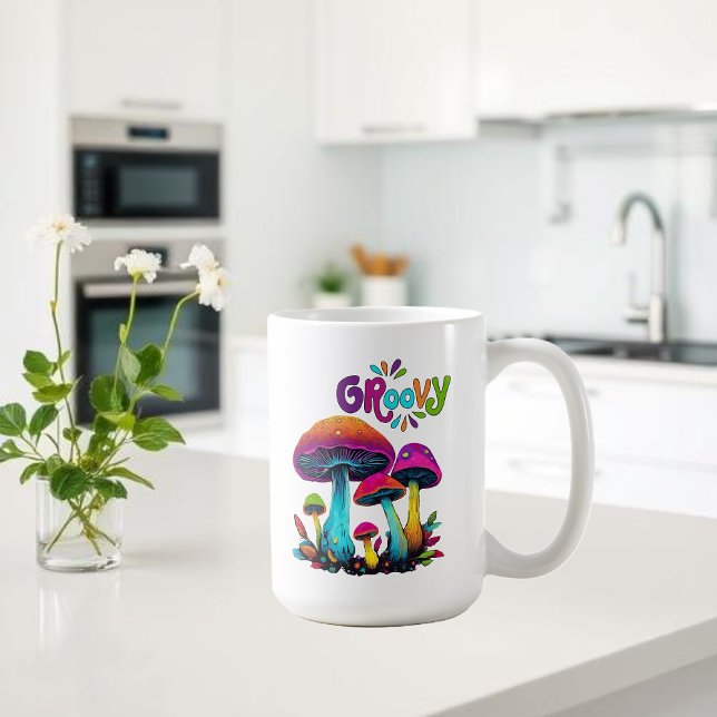 Caneca De Café Cogumelos Psicodélicos Coloridos Groovy (Groovy Colorful Psychedelic Mushrooms Coffee Mug)