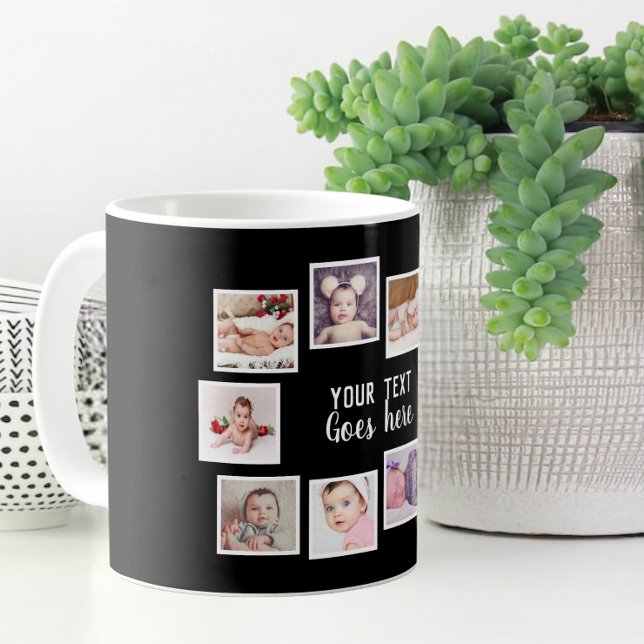 Caneca De Café Colagem de 10 Fotos com Texto Personalizado Preto (Criador carregado)