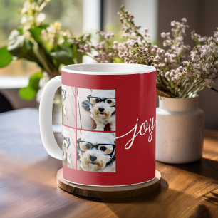 Caneca De Café Colagem de 4 Fotos com Alegria de Férias Vermelho