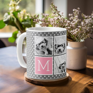 Caneca De Café Colagem de 5 Fotos Cinza e Rosa com Monograma