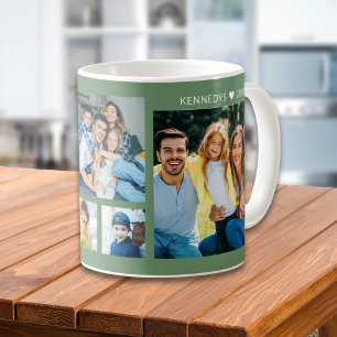 Caneca De Café Colagem de 5 Fotos de Família Personalizadas Verde