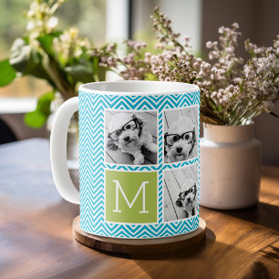 Caneca De Café Colagem de 5 Fotos - Monograma Azul Água e Verde L